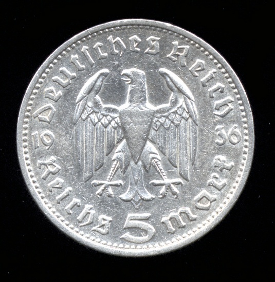 1936-F... Silver 5 Marks ... Better Date  Old Nazi German Coin