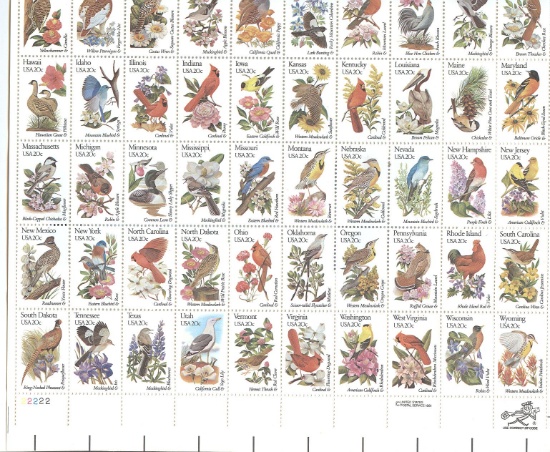 MINT SHEET OF U.S. STATE BIRD STAMPS