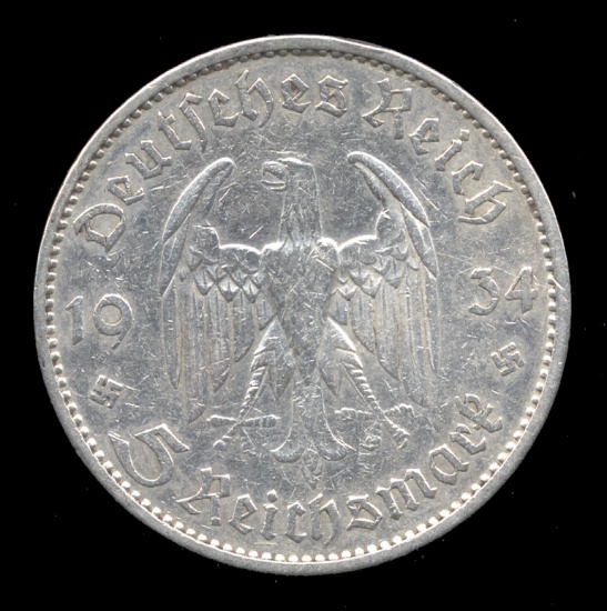 1934-A... Silver 5 Marks ... Old Nazi German Coin