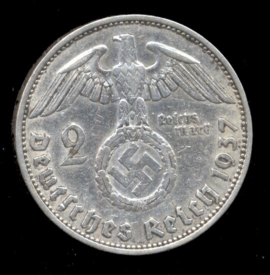 1937-A... Silver 2 Marks ... Better Grade  Old Nazi German Coin