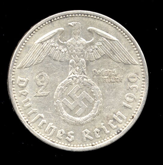 1939-A... Silver 2 Marks ... Old Nazi German Coin
