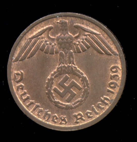 1939-D ... High Grade ... 1 Pfennig ... Old Nazi German Coin
