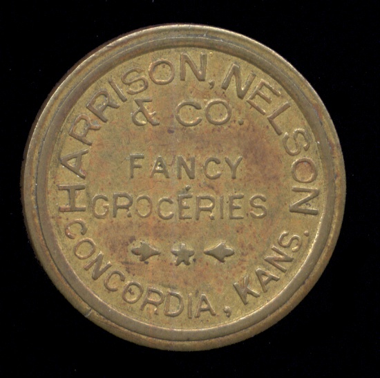 Concordia, Kans ... Good for 50 Cents ... Harrison , Nelson Old Token