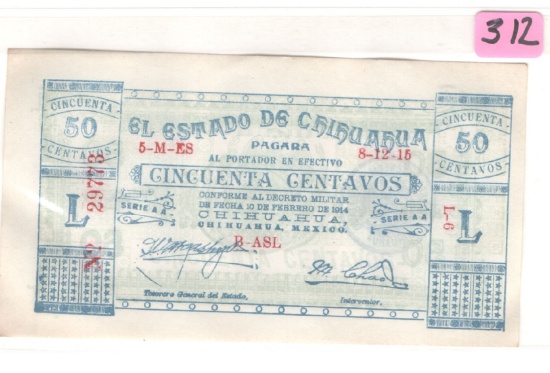 1914 CHIHUAHUA (MEXICO) 50 CENTAVO NOTE