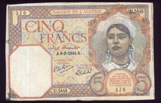 5 Francs ... Old Algerian Banknote