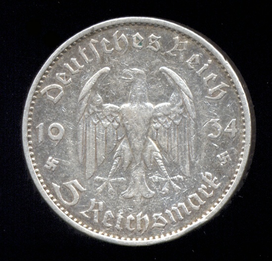 1934-E ... 5 Marks ... Silver Old Nazi German Coin