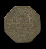 Red Lake Falls, MN ... Andrew Champeau ... Good for 5 Cents ... Old Token