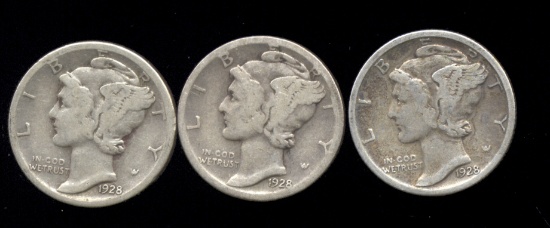 1928-P, D, S ... 3 Mercury SILVER Dime Set