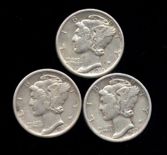 1939-P, D, S ... 3 Mercury SILVER Dime Set