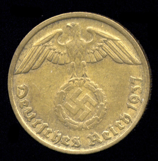 1937-D ... 10 Pfennig ... Old Nazi Swastika German Coin