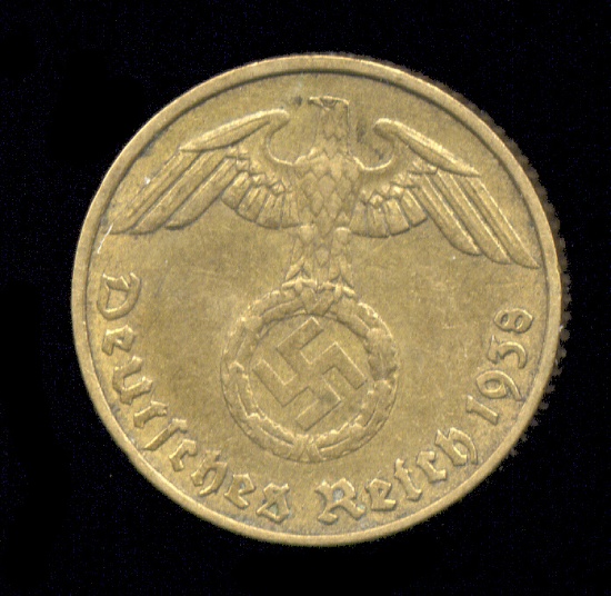 1938-A ... 5 Pfennig ... Old Nazi Swastika German Coin