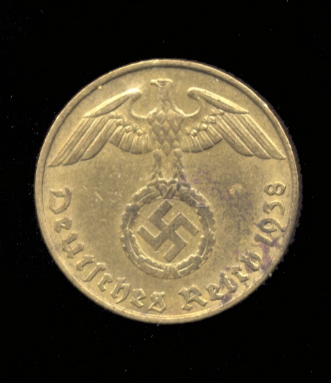 1938-E ... 5 Pfennig ... Old Nazi Swastika German Coin