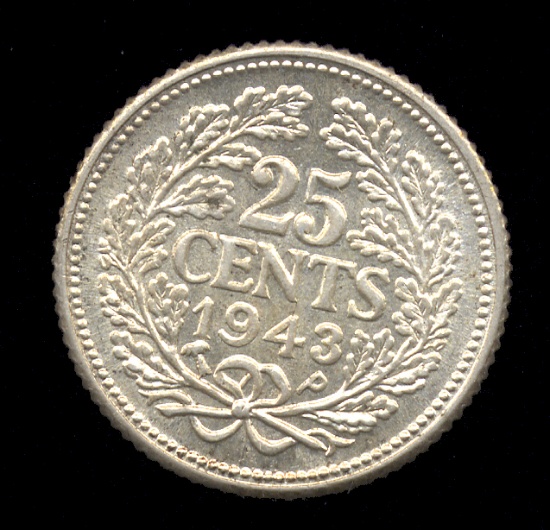 1943-P ... 25 Cent ... SILVER Netherlands Coin