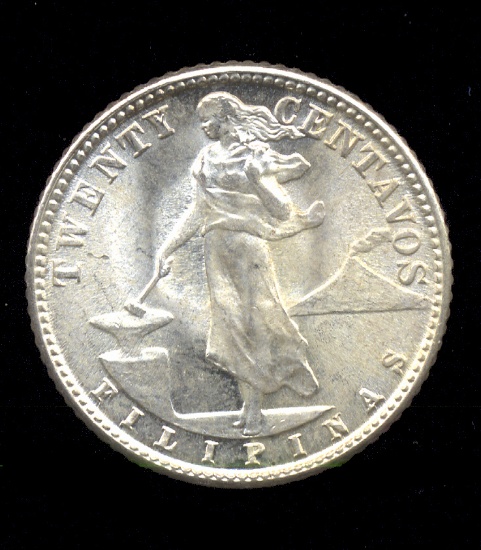 1945-D ... GEM BU Silver ... 20 Centavos ... US Made for Pilippines