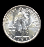 1945-D ... GEM BU Silver ... 20 Centavos ... US Made for Pilippines