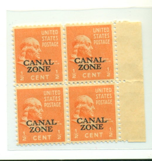 BLK OF 4 U.S. 1/2c W/ CANAL ZONE OVPT