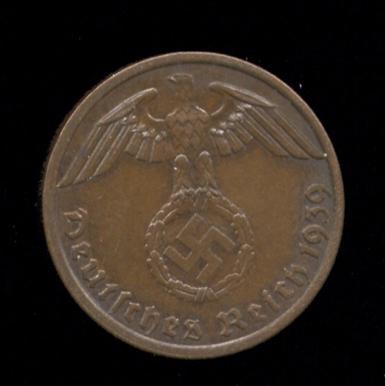 1939-A ... 1 Pfennig ... Old Nazi Swastika German Coin