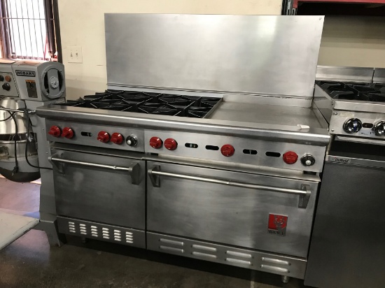 WOLF 6 BURNER RANGE WITH 24" GRIDDLE, 2 CONVECTIONAL OVEN AND BACK SPLASH GUARD