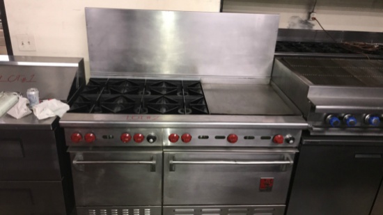 WOLF 6 BURNER RANGE WITH 24" GRIDDLE, 2 CONVECTIONAL OVEN AND BACK SPLASH GUARD