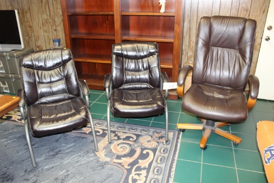 (1) LARGE LEATHER/WOOD OFFICE CHAIR (2) LEATHER/METAL CHAIRS