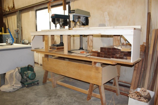 (2) DRILL PRESSES & ATTACHED WOOD WORKING STATION (RYOBI 10" & DELTA 10")