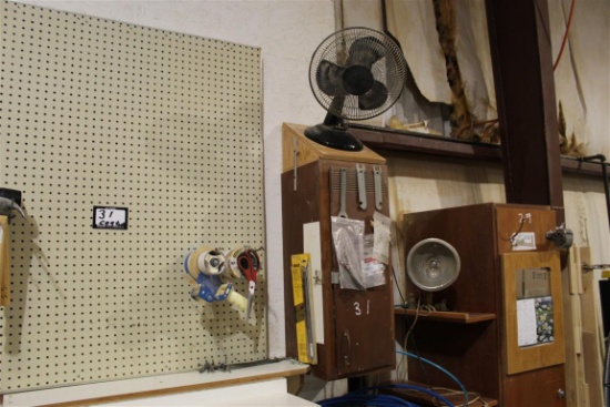 WOOD CABINET & ROUTER BITS, FAN & CONTENTS OF WALL