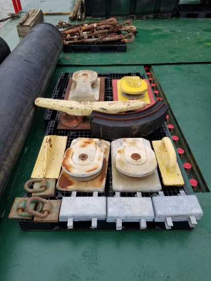 LARGE LOT OF BARGE ACCESSORIES: CHOCKS/TIEDOWNS/ANODES
