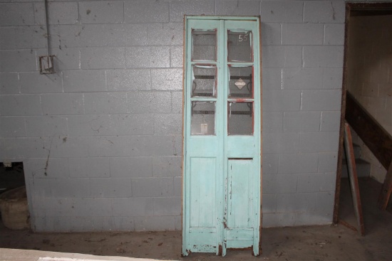 Antique teal french door set with glass salvaged from New Orleans school in casing; dimensions appro