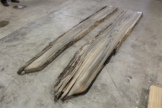 Set of two locally salvaged Live Edge Sinker Cypress Slabs; dimensions approximately 2" x 12-15" x 8