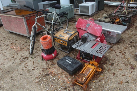 LARGE LOT OF MISC ITEMS . Skilsaw Gas Generator Air Compressor w/ Hose Bike Jack Drill    ~