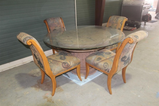 GLASS TABLE W/ CHAIRS  Glass Table W/ 4 Chairs - Catera Stone Base W/ Flower
