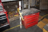 LARGE TOOL BOX W/MISC TOOLS, LEVEL SAWS, DRILL BITS, TAPE MEASURES, STAPLE GUN, CLAMPS, ETC…