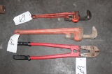 LOT OF LARGE PIPE WRENCHES AND BOLT CUTTER