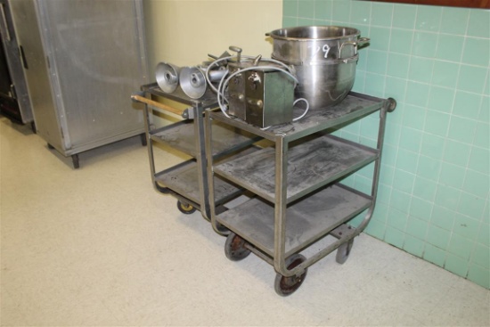 (2) Roll Around Stainless Carts w/Can Openers and Mixer Bowl and Parts