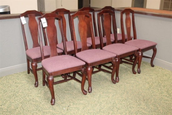 (8) CHERRY CHAIRS W/CLOTH SEATS, LOAD-OUT AND REMOVAL IS THE RESPONSIBILITY OF THE BUYER