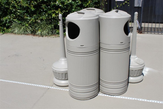 (3) PLASTIC GARBAGE CANS AND (3) CIGARETTE BUTT CANS, LOAD-OUT AND REMOVAL IS THE RESPONSIBILITY OF