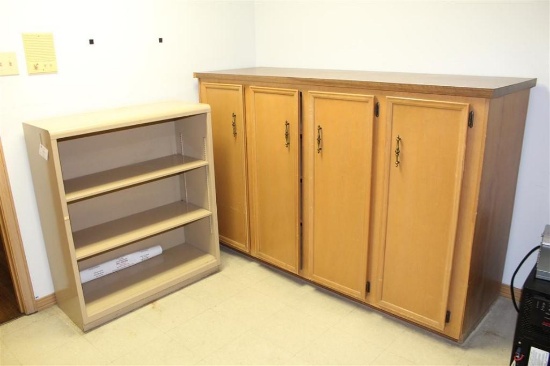 Lot of (1) 4-Door Cabinet 73x48x24 Inch With Contents and (1) Metal Shelf 36x15x42 Inch
