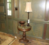 Wood Round Glass Top Table with Lamp and Wooden Bowl