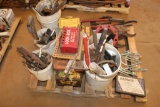 Pallet of Misc Tools and Lock Boxes (Wheel Pullers - Drill Bits - U-Bolts and Hammer Bits)