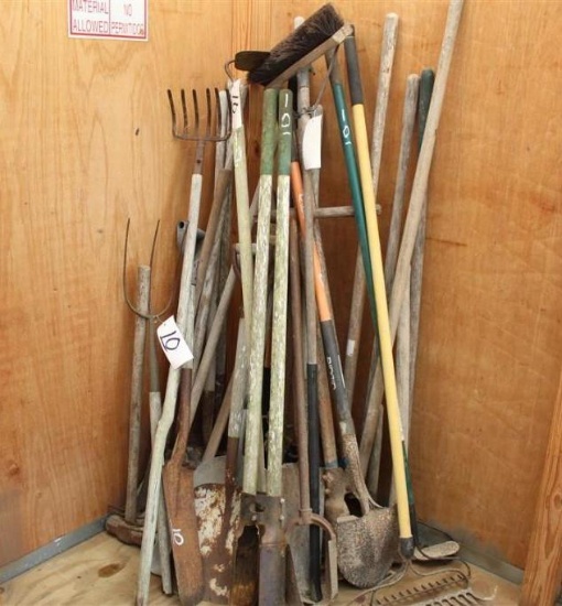 Lot of Misc Hand Tools - Shovels - rakes - Pitch Fork - Post Hole Diggers