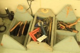 Lot of hammers, breaker bars, clamps, squares, horsehair counter brushes, including 3 wooden bins