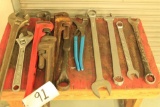 Lot of assorted pipe wrenches, crescent wrenches, channel locks, combination wrenches