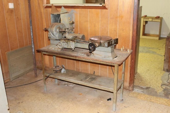Electric Powered Belt Driven Lathe on Metal Framed Wood Top Table