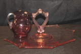 VINTAGE PINK GLASS SERVING PLATTER AND SMALL PITCHER
