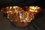 LOT OF (3) AMBER CARNIVAL GLASS BOWLS, VINTAGE PINK PLATTERS AND CANDY DISH