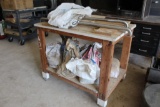 WOOD ROLL AROUND CART W/ MISC ITEMS