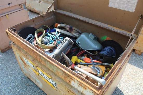 JOBOX W/ CONSTRUCTION MISC HAMMER DRILL, CHAINFALL, HYDRAULIC HOSE, AND OTHER MISC