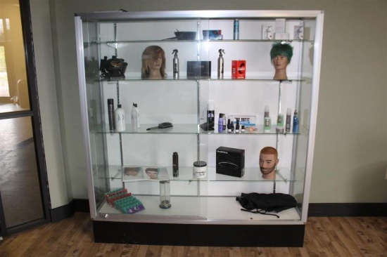 GLASS DISPLAY CABINET W/ CONTENTS HAIR SALON MISC