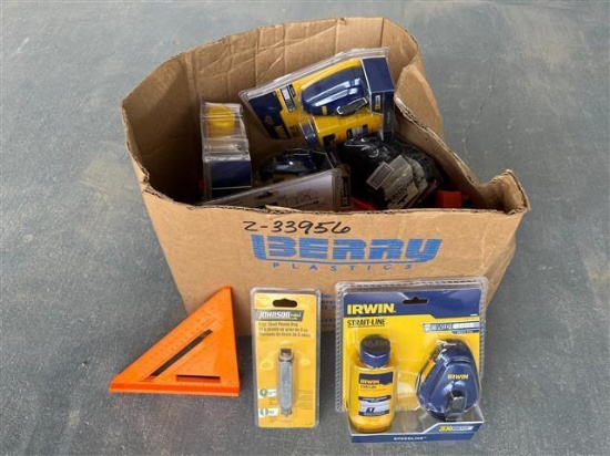 BOX OF CHALK, SPEEDLINE, STEEL PLUMB BOBS, AND RIGHT ANGLES