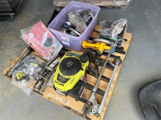 PALLET OF TOOLS W/ ENGINE AND HITCH